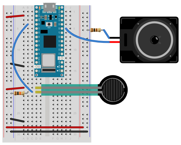 Breadboard view of an Arduino Nano connected to two force sensing resistors (FSRs) and a speaker.