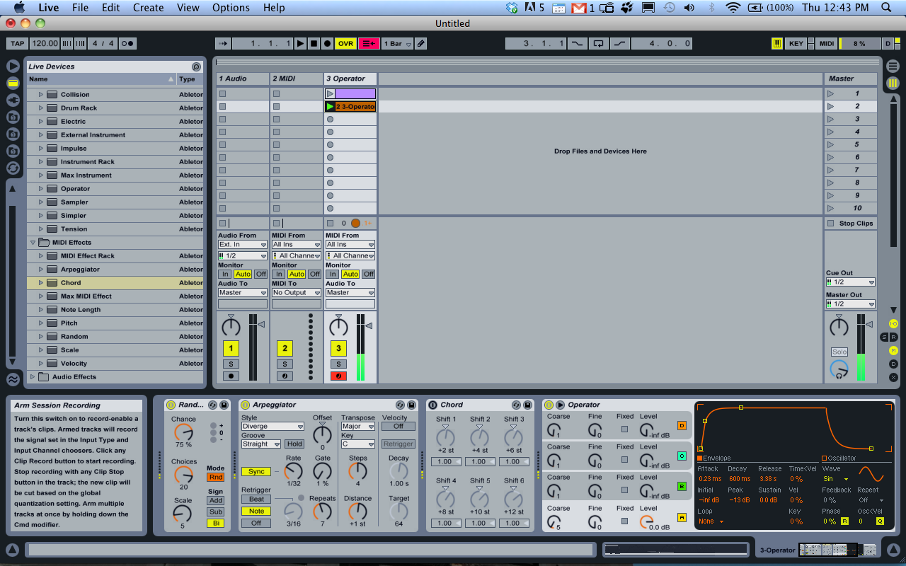 Ableton Live Screenshot of an track armed to take input from a MIDI input.
