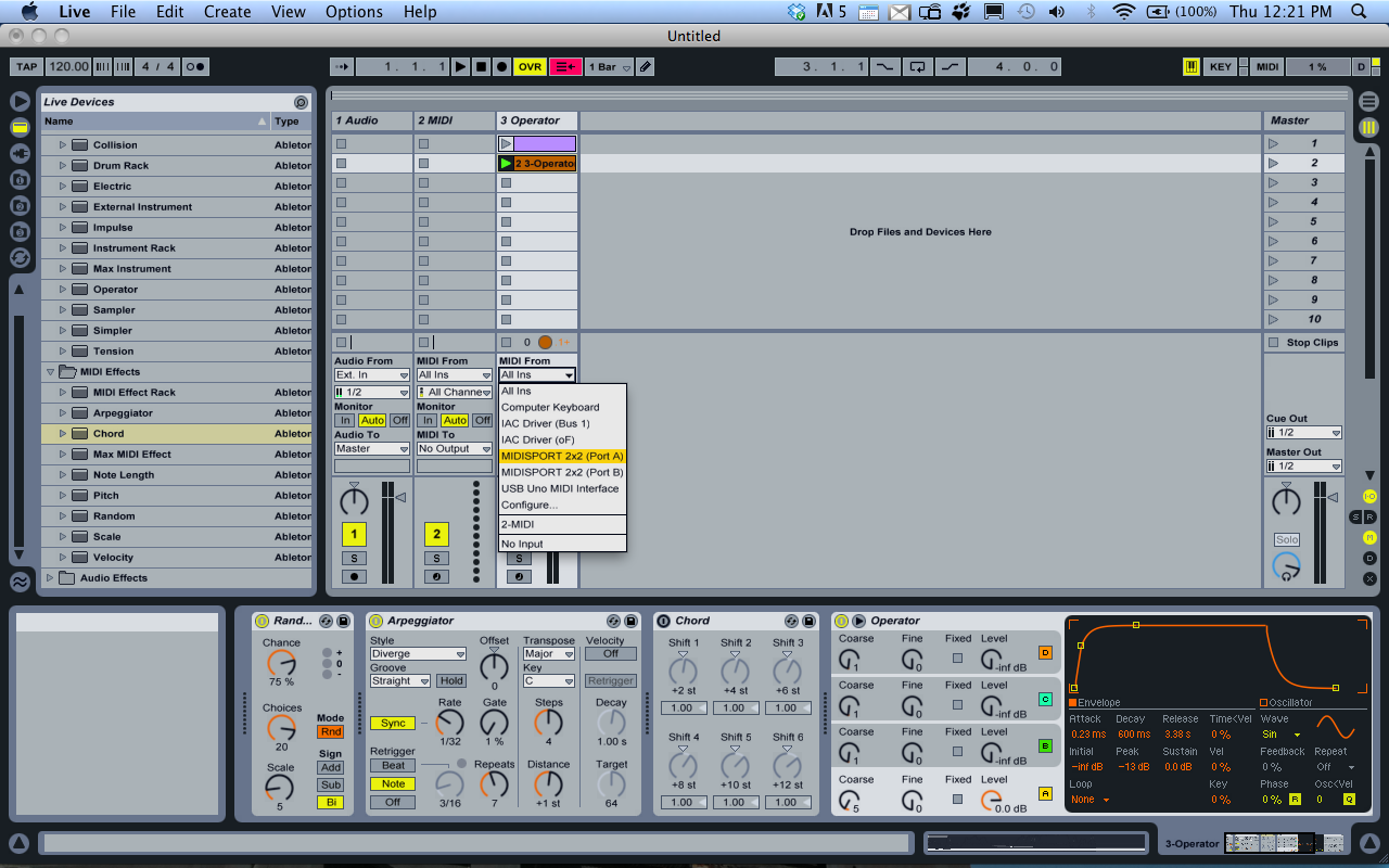 Screenshot of the Ableton Live Devices window, showing the MIDISport enabled for a given track.