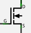 Another version of the schematic symbol of an N-channel MOSFET, where G is the gate (equivalent of base), D is the drain (collector) and S is the source (emitter).
