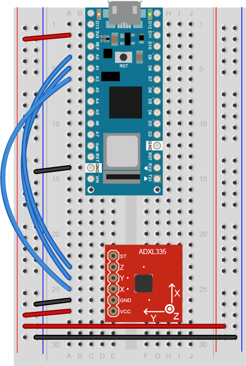 Breadboard view of an Arduino Nano connected to an ADXL3xx accelerometer.