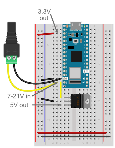 Breadboard view of a Nano 33 IoT and a 7805 voltage regulator powered from a DC power jack.