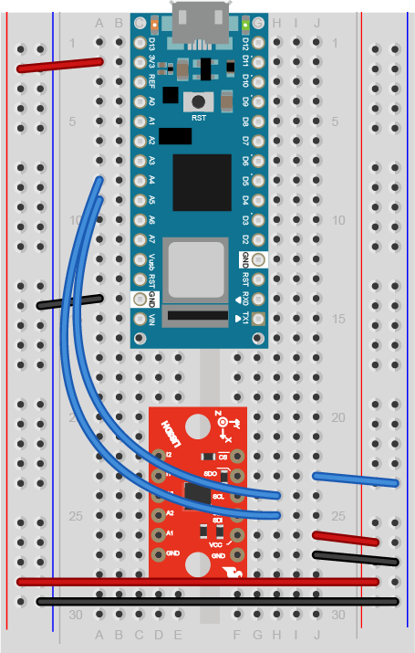 Breadboard view of an Arduino Nano connected to an LIS3DH accelerometer