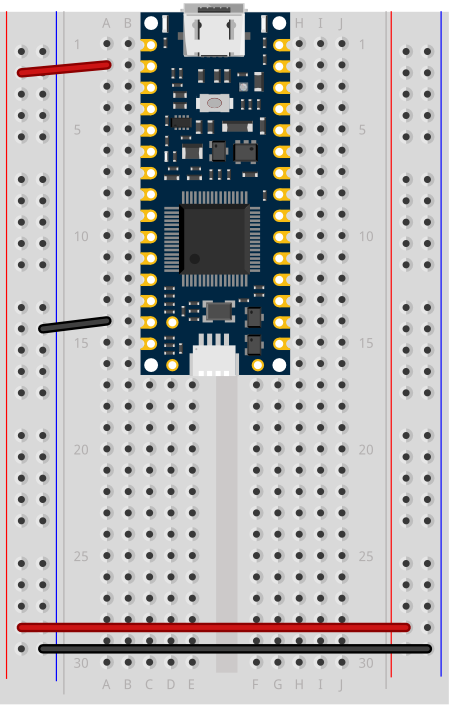 Breadboard view of a Nano R4 mounted on a breadboard.