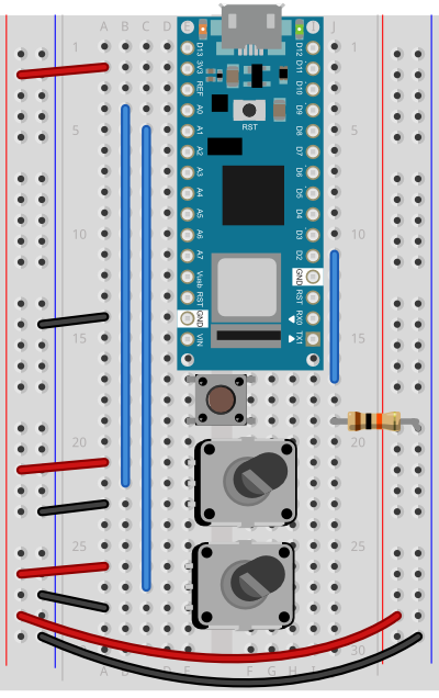 Breadboard view of an Arduino Nano attached to two potentiometers and a pushbutton