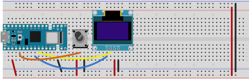  Breadboard view of a potentiometer and an SSD1306 OLED screen attached to a Nano 33 IoT