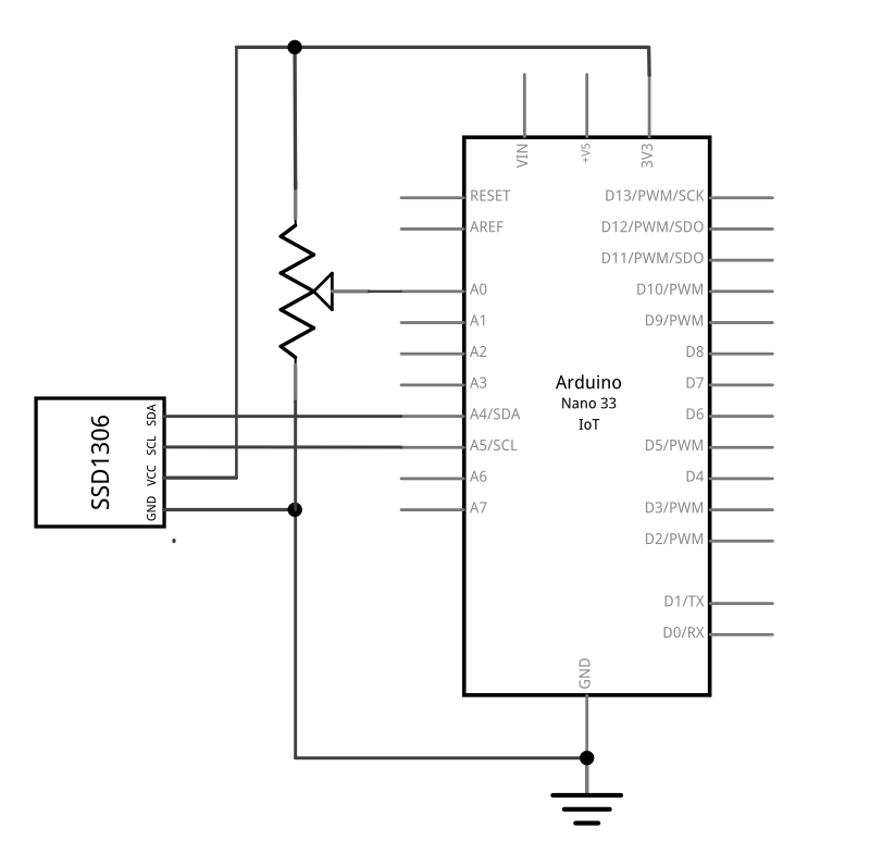 Schematic drawing of a potentiometer and an SSD1306 OLED screen attached to a Nano 33 IoT.