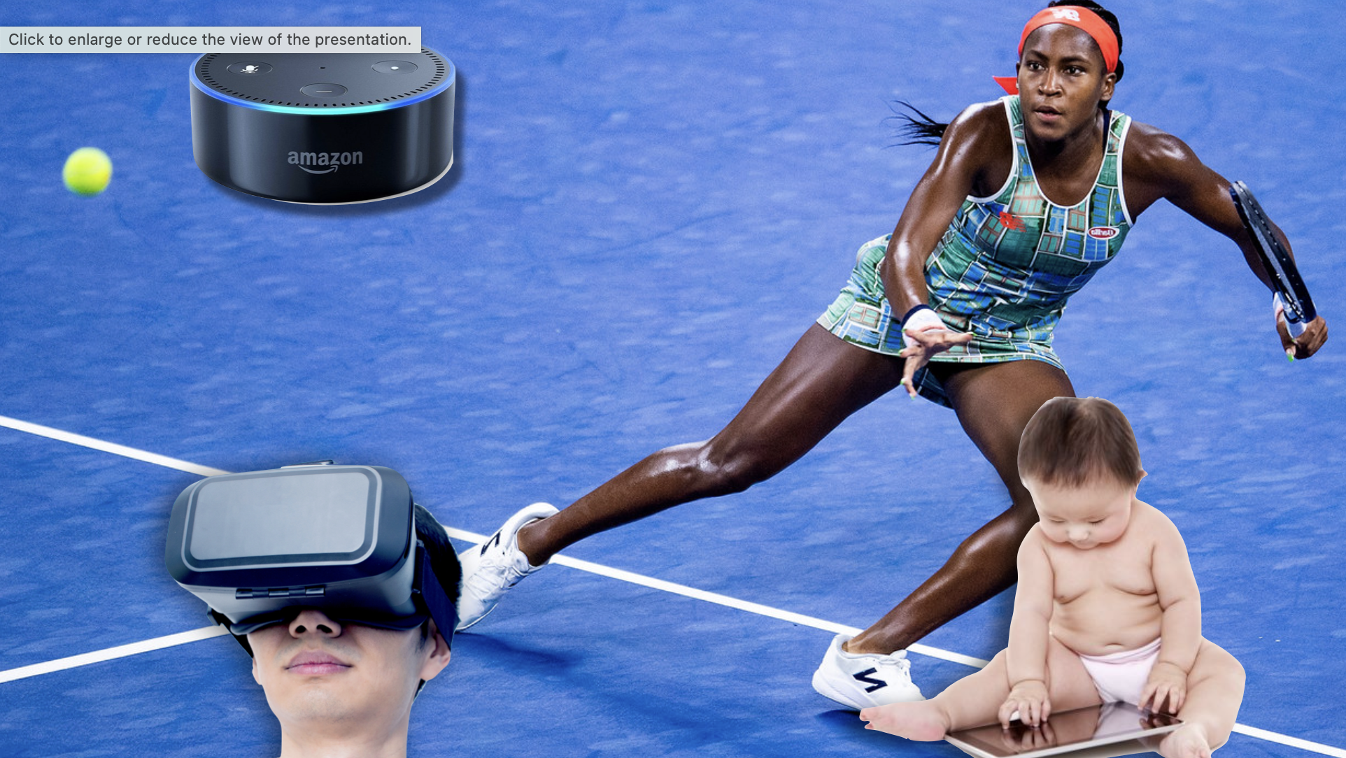 Several pieces of technology juxtaposed with a tennis player
