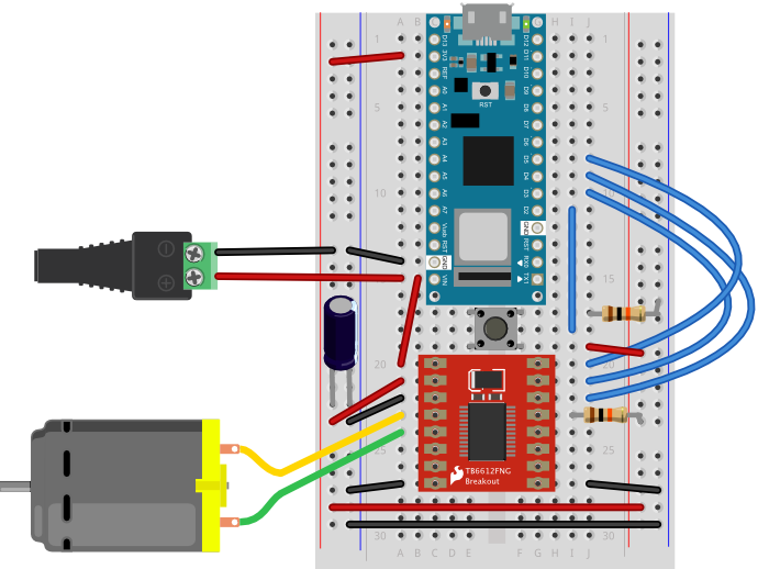 Breadboard diagram of an Arduino Nano connected to a motor driver to control a DC motor.