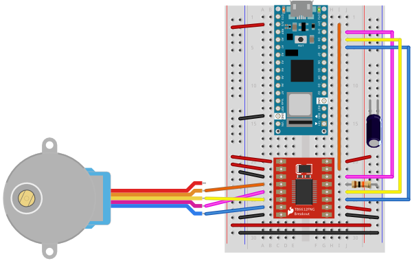 Breadboard drawing of an Arduino Nano 33 IoT attached to a TB6612FNG stepper motor driver and a stepper motor. 