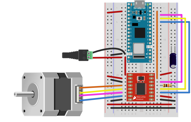 Breadboard drawing of an Arduino Nano attached to a TB6612FNG stepper motor driver and a stepper motor.  The caption explains the pin connections.