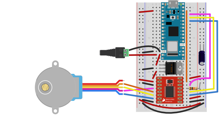 Breadboard drawing of an Arduino Nano attached to a TB6612FNG stepper motor driver and a stepper motor. The caption explains the pin connections.