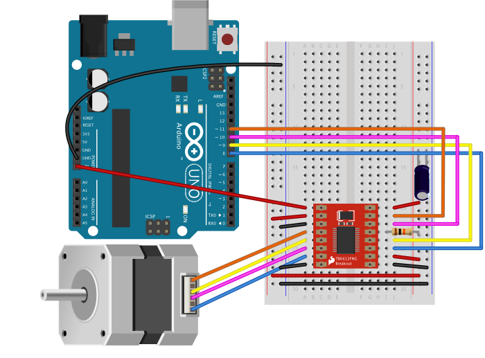 Breadboard drawing of an Arduino Uno attached to a TB6612FNG stepper motor driver and a stepper motor. The caption explains the pin connections.