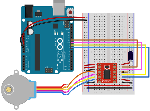 Breadboard drawing of an Arduino Uno attached to a TB6612FNG stepper motor driver and a stepper motor. 