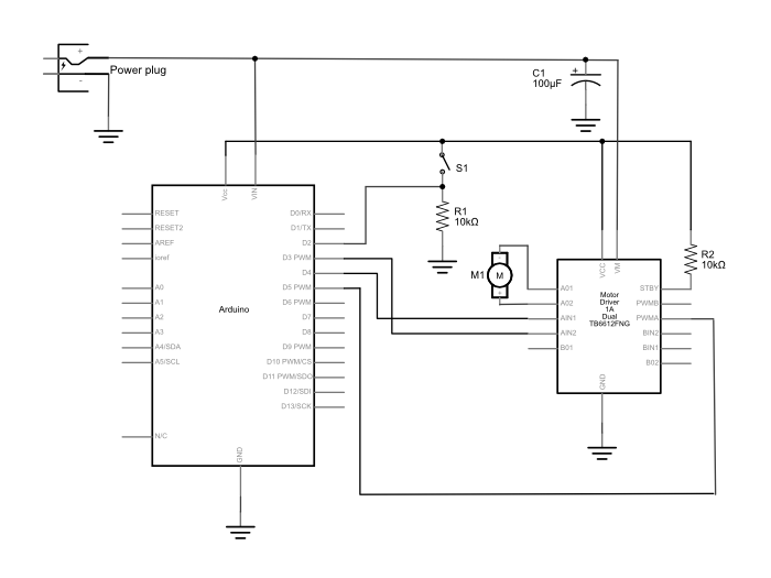 Schematic diagram of an Arduino connected to a motor driver to control a DC motor.