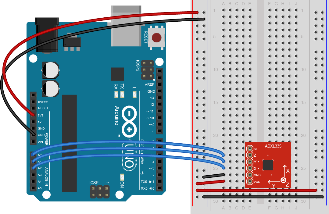 Breadboard view of an Arduino Uno connected to an ADXL3xx accelerometer.