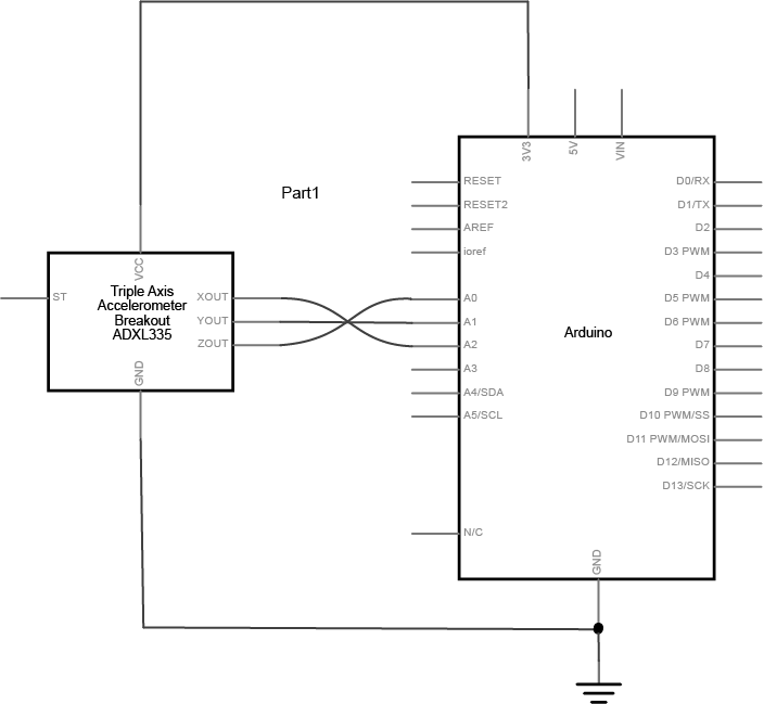 Schematic view of an Arduino connected to an ADXL3xx accelerometer.