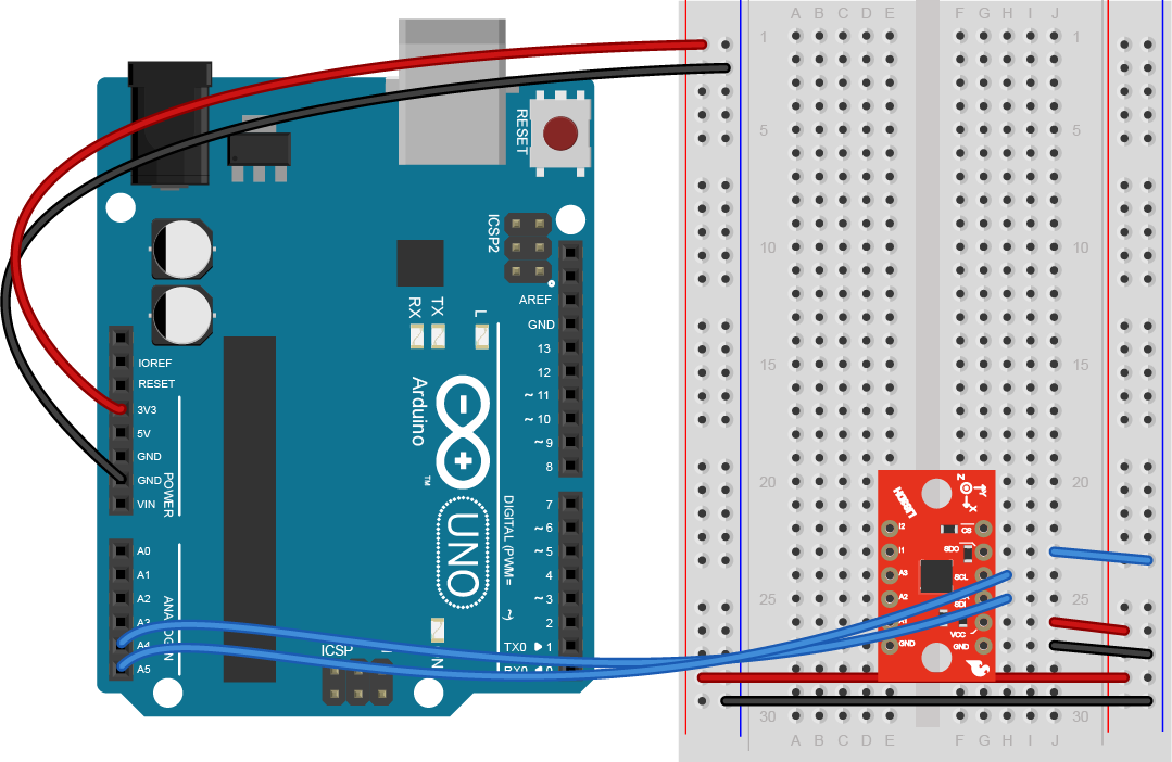 Breadboard view of an Arduino Uno connected to an LIS3DH accelerometer