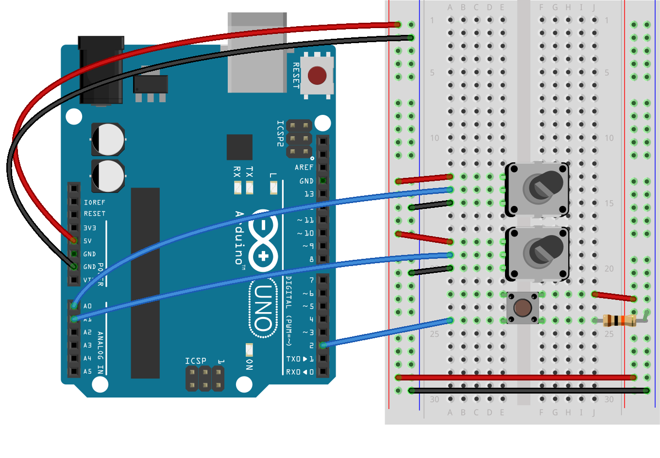 Breadboard view of an Arduino Uno attached to two potentiometers and a pushbutton.
