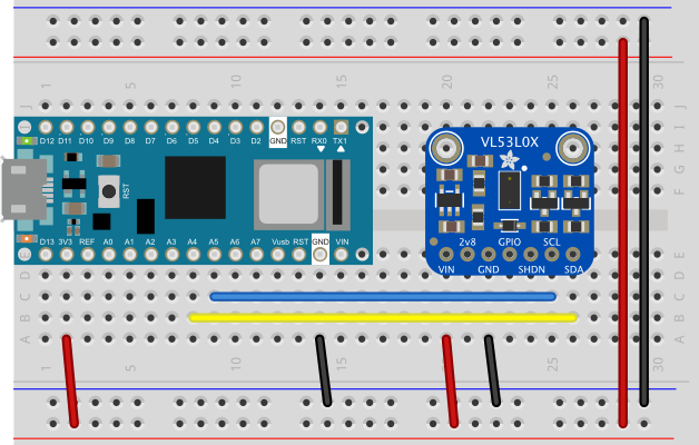 Breadboard view of a VL53L0X distance sensor breakout board connected to an Arduino Nano 33 IoT