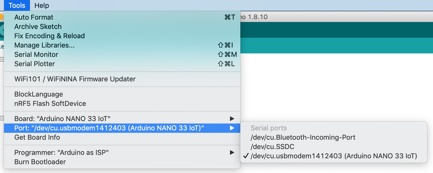 Screenshot of the Arduino Tools menu showing the Ports submenu