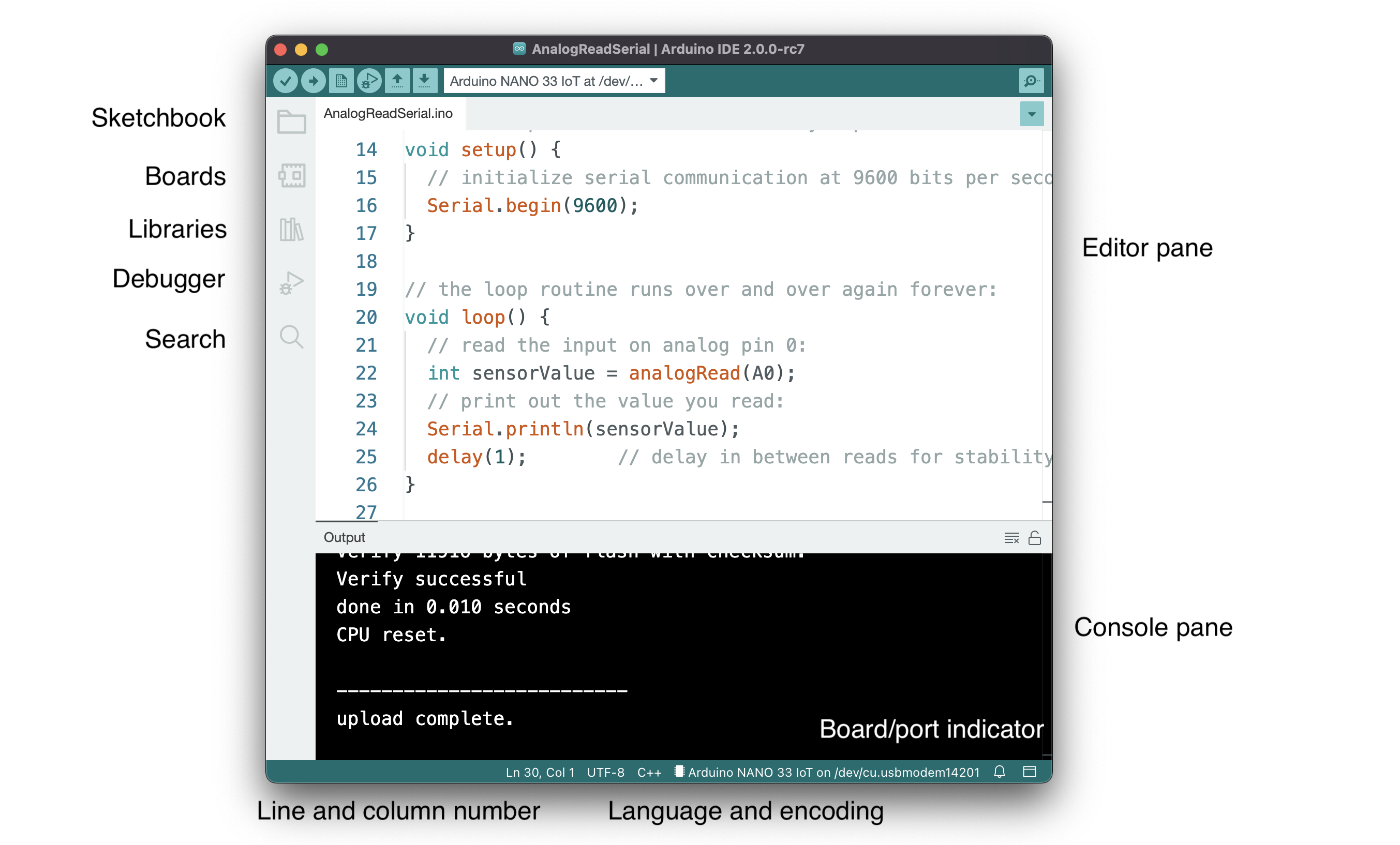 Screenshot of the Arduino 2.0 IDE showing some of the features.