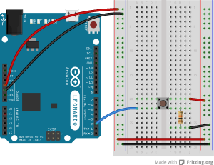 Breadboard drawing of an Arduino Leonardo connected to a pushbutton. The pushbutton straddles the center divide of the breadboard in rows 20 through 22. A red wire connects row 20 on the right center side to the right side voltage bus. A 10-kilohm resistor connects row 22 on the right center side to row 26 on the same side. A black wire connects from row 26 to the ground bus on the right side. A blue wire connects row 22 on the left center side of the board to digital p