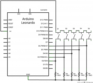 Schematic drawing of a pushbutton and a joystick attached to an Arduino Leonardo. The pushbutton is attached to digital pin 2 on one side, and to +5 volts on the other. there is also a 10-kilohm resistor attached to digital pin 2. Its other side is attached to ground. Four other pushbuttons, with pulldown resistors like this one, are connected to pins 3 through 6 in the same way.