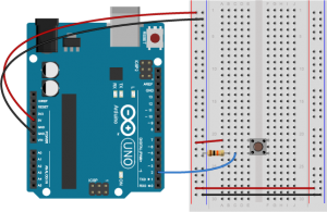 Breadboard view of an Arduino connected to a pushbutton. The +5 volts and ground pins of the Arduino are connected by red and black wires, respectively, to the left side rows of the breadboard. +5 volts is connected to the left outer side row (the voltage bus) and ground is connected to the left inner side row (the ground bus). The side rows on the left are connected to the side rows on the right using red and black wires, respectively, creating a voltage bus and a ground bus on both sides of the board. The pushbutton is mounted across the middle divide of the solderless breadboard. A 10-kilohm resistor connects from the same row as pushbutton's bottom left pin to the ground bus on the breadboard. There is a wire connecting to digital pin 2 from the same row that connects the resistor and the pushbutton. The top left pin of the pushbutton is connected to +5V.