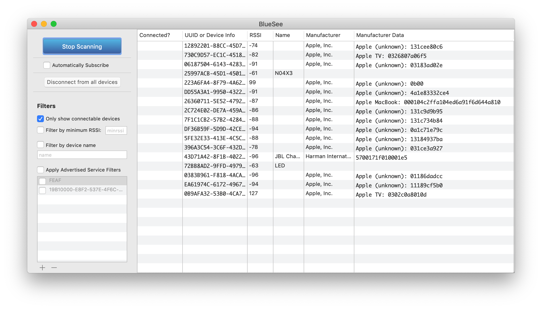 Screenshot of the BlueSee app on MacOS scanning for peripherals. 