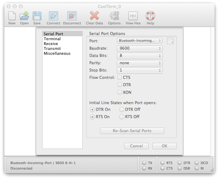 Screenshot of the CoolTerm options menu, showing the port name that's the same as your Arduino, and a rate of 9600 bps