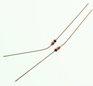 Zener diodes. These diodes are smaller than the power diodes shown above, and have a gladd body and a black stripe to indicate the negative end of the diode. They have a breakdown voltage past which they allow current to flow in both directions. 