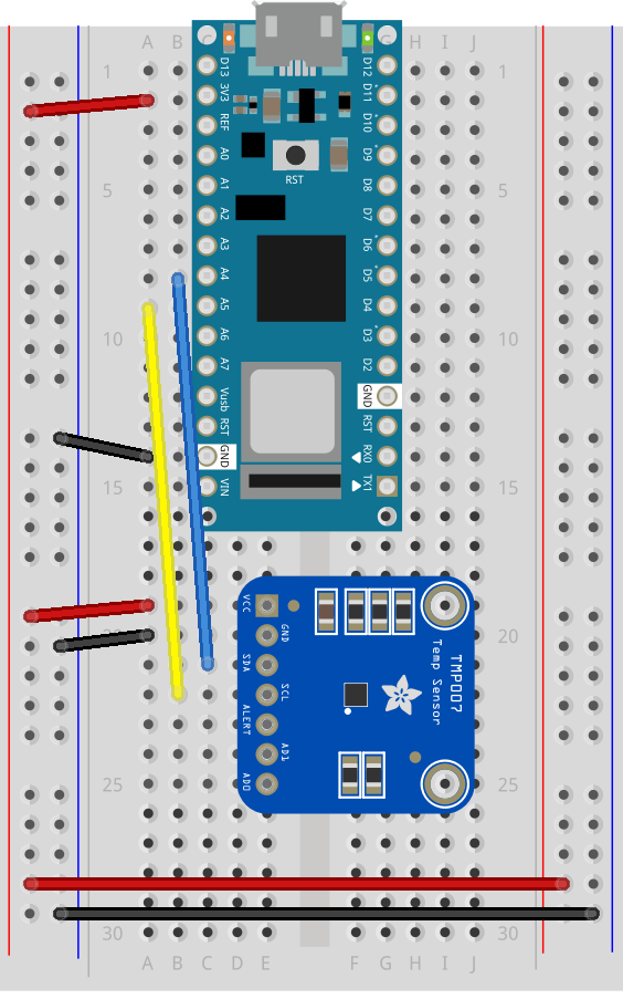An Arduino Nano attached to a TMP007 temperature sensor. The TMP007 temperature sensor has 7 pins, and when the sensor is positioned with the pins on the left hand side of the board the pins are labeled VCC, Ground, SDA, SCL, Alert, AD1, and AD0. The sensor's VCC and ground pins (pins 1 and 2) are connected to the Arduino's 3.3V (pin 2) and GND (pin 14) pins, respectively. The sensor's SDA pin (pin 3) is connected to the Arduino's A4 input (pin 8) and the sensor's SCL pin (pin 4) is connected to the Arduino's A5 input (pin 9).
