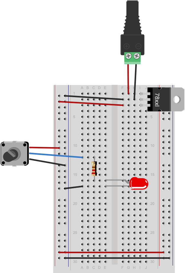 Breadboard drawing of a potentiometer controlling an LED. A 7805 5-volt voltage regulator powers the board as shown in the circuits above. A potentiometer's outer connections are connected to the voltage bus and ground bus on the left side of the board. The center of the potentiometer connects to row seventeen on the left side of the center section of the board. A 220-ohm resistor is connected to row seventeen on the left side as well. Its other end is connected to row twenty-one in the left center area. An LED's anode is connected to another hole in row twenty-one. The LED's cathode is connected to row twenty-two. A black wire connects row twenty-two to the ground bus on the left side of the board.