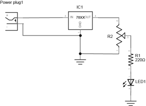 Schematic image of a potentiometer controlling an LED. At left, there is a DC power plug. The positive terminal of the power plug is connected to the voltage input of a 7805 voltage regulator. The negative terminal of the power plug is connected to the ground terminal of the regulator. The voltage output of the regulator is connected to one side of a potentiometer. The other side of the potentiometer is connected ground. The wiper of the potentiometer is connected to a 220-ohm resistor. The other side of the resistor is connected to the anode of an LED. The cathode of the three LEDs are connected to ground.