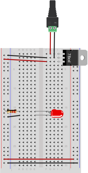 Breadboard drawing of a 220-ohm resistor and an LED powered by a 5-volt regulator . The breadboard is wired above, with a 5-volt voltage regulator and DC power jack. One side of the resistor is connected to the left side voltage bus of the breadboard. The other side is connected to row 15. The anode of an LED is connected to row 15 as well. The cathode of the LED is connected to row 16. A black wire connects row 16 to the left side ground bus.