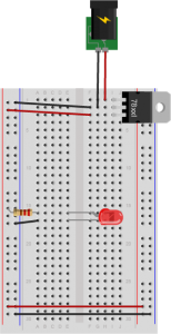Breadboard drawing of a 220-ohm resistor and an LED powered by a 5-volt regulator . The breadboard is wired above, with a 5-volt voltage regulator and DC power jack. One side of the resistor is connected to the left side voltage bus of the breadboard. The other side is connected to row 15. The anode of an LED is connected to row 15 as well. The cathode of the LED is connected to row 16. A black wire connects row 16 to the left side ground bus.