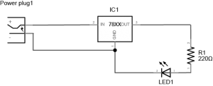 Schematic image of a 220-ohm resistor and an LED connected to a 7805 5-volt regulator. At left, there is a power plug. The positive terminal of the power plug is connected to the voltage input of a 7805 voltage regulator. The negative terminal of the power plug is connected to the ground terminal of the regulator. The voltage output of the regulator is connected to a 220-ohm resistor. The other side of the resistor is connected to the anode of an LED. The cathode of the LED is connected to the ground terminal of the regulator. 