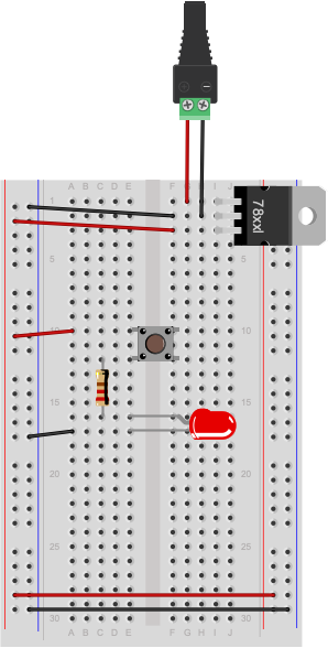 Breadboard drawing of a solderless breadboard with a 7805 voltage regulator mounted on it as shown in the drawings above. The regulator is connected to a DC power plug, and the ground and voltage output of the regulator is connected to the voltage and ground bus rows on the right side of the breadboard. The ground and voltage bus rows on the right are connected to the ground and voltage bus rows on the left with wires at the bottom of the board. A pushbutton is mounted across the center of the breadboard, connected to rows ten and twelve. A red wire connects row ten to the voltage bus on the left side of the board. A 220-ohm resistor is connected to row twelve on the left side of the center section of the board. Its other end is connected to row sixteen in the center area. An LED is connected to another hole in row sixteen. The other side of the LED is connected to a hole in row seventeen. Another hole in row seventeen connects to the ground bus on the right side of the board.