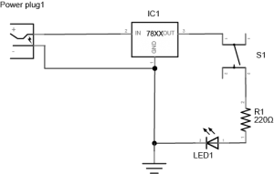 Schematic image of a pushbutton, a 220-ohm resistor and an LED connected to a 7805 5-volt regulator. At left, there is a power plug. The positive terminal of the power plug is connected to the voltage input of a 7805 voltage regulator. The negative terminal of the power plug is connected to the ground terminal of the regulator. The voltage output of the regulator is connected to one side of a pushbutton. The other side of the pushbutton is connected to a 220-ohm resistor. The other side of the resistor is connected to the anode of an LED. The cathode of the LED is connected to the ground terminal of the regulator. 