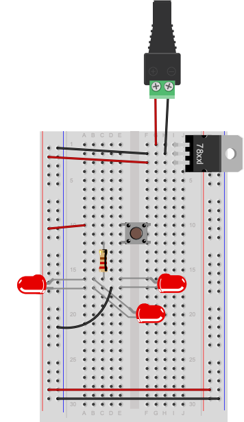 A pushbutton is mounted across the center of the breadboard, connected to rows ten and twelve. A red wire connects the switch to the left side voltage bus. A 220-ohm resistor is connected to row twelve on the left side of the center section of the board. Its other end is connected to row sixteen in the center area. Three LEDs' anodes are connected to another hole in row sixteen. The cathodes of the LEDs are connected to holes in row seventeen. A black wire connects row seventeen to the ground bus on the left side of the board.