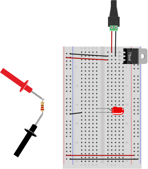 Breadboard drawing of measuring resistance. A breadboard circuit similar to the one above is shown, with a 5-volt regulator and DC power jack. In this circuit, a red wire connects the left side power bus to row twelve. An LED is connected from row 15 to row 16, and a black wire connects row 16 to the left hand side ground bus. A 220-ohm resistor is off to the left side of the breadboard. It has been removed from the board to measure resistance. Two multimeter probes are attached to either end of the resistor. 