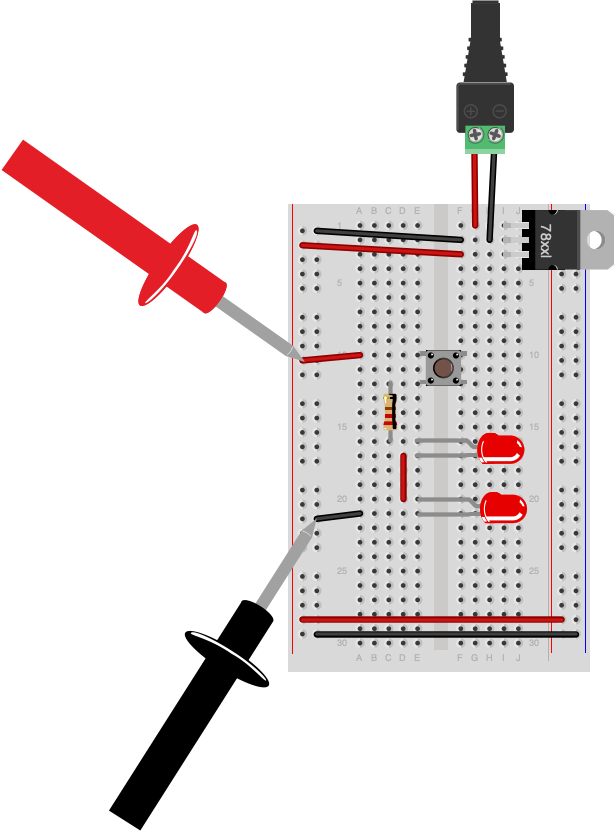 Breadboard drawing of a solderless breadboard as shown in the drawing above, with a 5-volt voltage regulator, a pushbutton, a 220-ohm resistor and 2 LEDs. The red probe of a multimeter is touching the voltage bus on the left side of the board. The black probe of the meter is touching the ground bus on the left side of the board. 