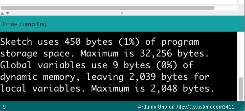 Arduino editor's message pane. Its displaying a successful upload