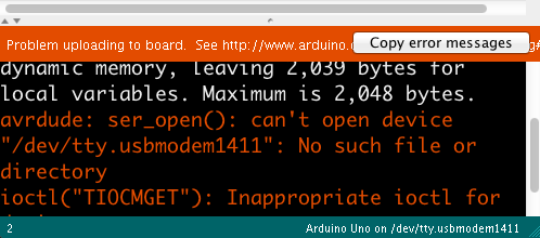 Arduino editor's message pane. Its displaying an error message and a button to copy the message