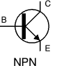 The schematic symbol of an NPN transistor where B is the base, C is the collector, and E is the emitter. 