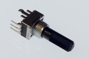 Potentiometer. The one shown here has three legs spaced 0.1 inches apart and can be therefore mounted on a solderless breadboard.