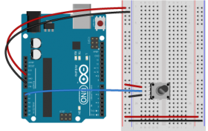 Breadboard view of a potentiometer. First leg of the potentiometer is connected to +5 volts. The second leg connected to analog in 0 of the Arduino. The third leg is connected to ground.