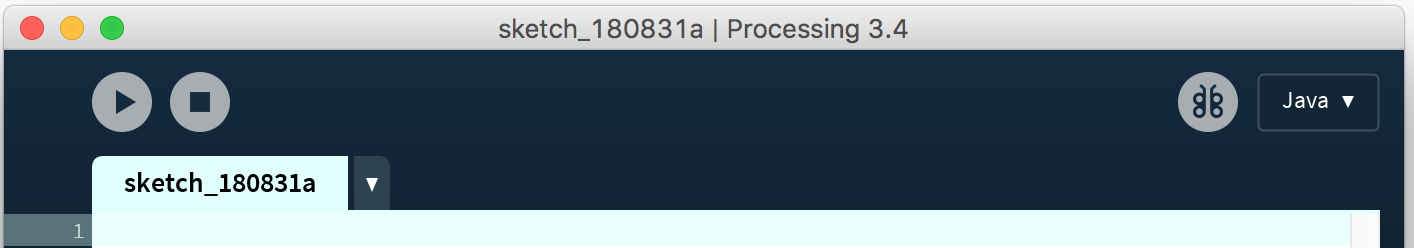 Processing IDE toolbar showing the play and stop buttons. It also has a dropdown to select programming language, and it shows tabs for all sketches in the project folder