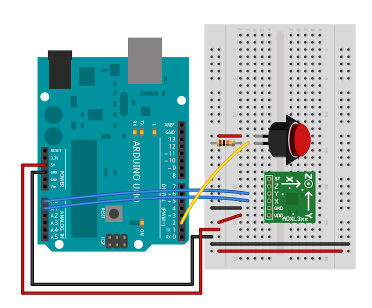 Arduino with accelerometer and pushbutton